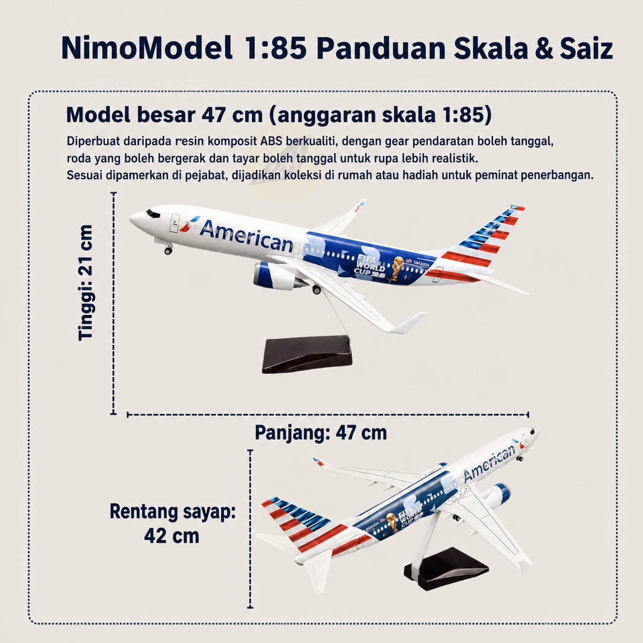 Model American Airlines Boeing 737 – Edisi Piala Dunia FIFA Skala 1:85