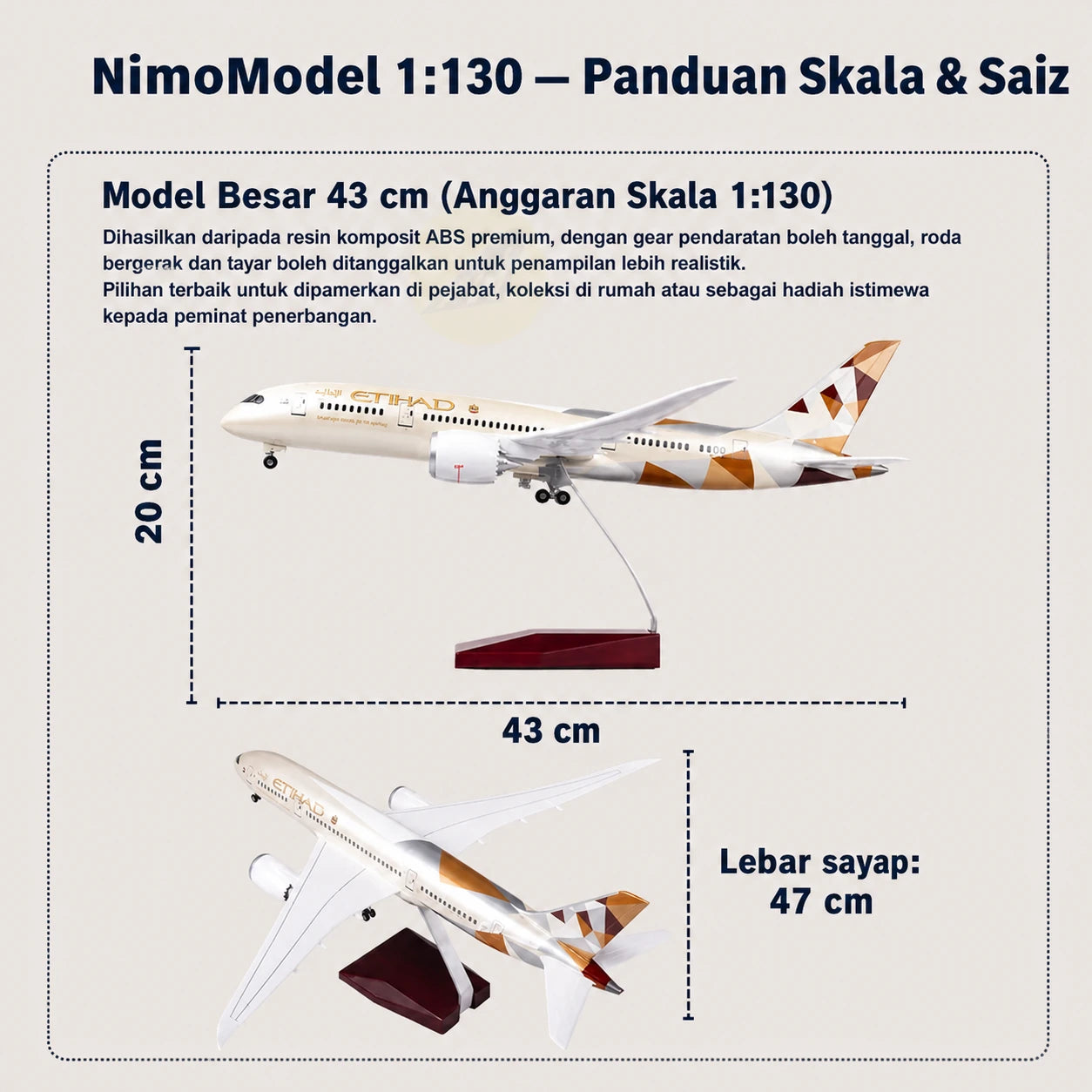 Model Etihad Airways Boeing 787-9 Dreamliner Skala 1:130