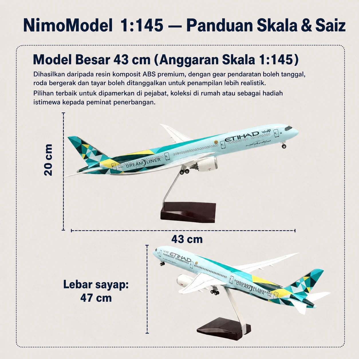 Model Etihad Airways Boeing 787-10 Dreamliner Greenliner Skala 1:145