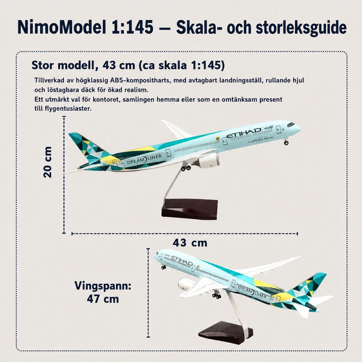 Etihad Airways Boeing 787-10 Dreamliner Greenliner modell i skala 1:145