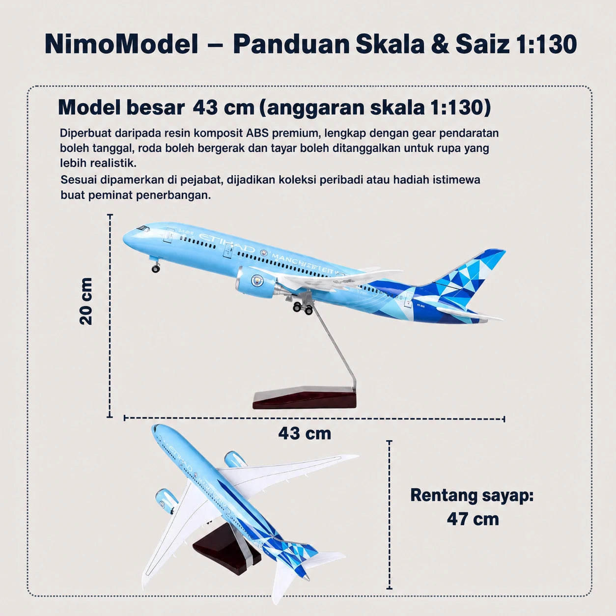Model Skala 1:130 Etihad Airways Boeing 787 Edisi Manchester City