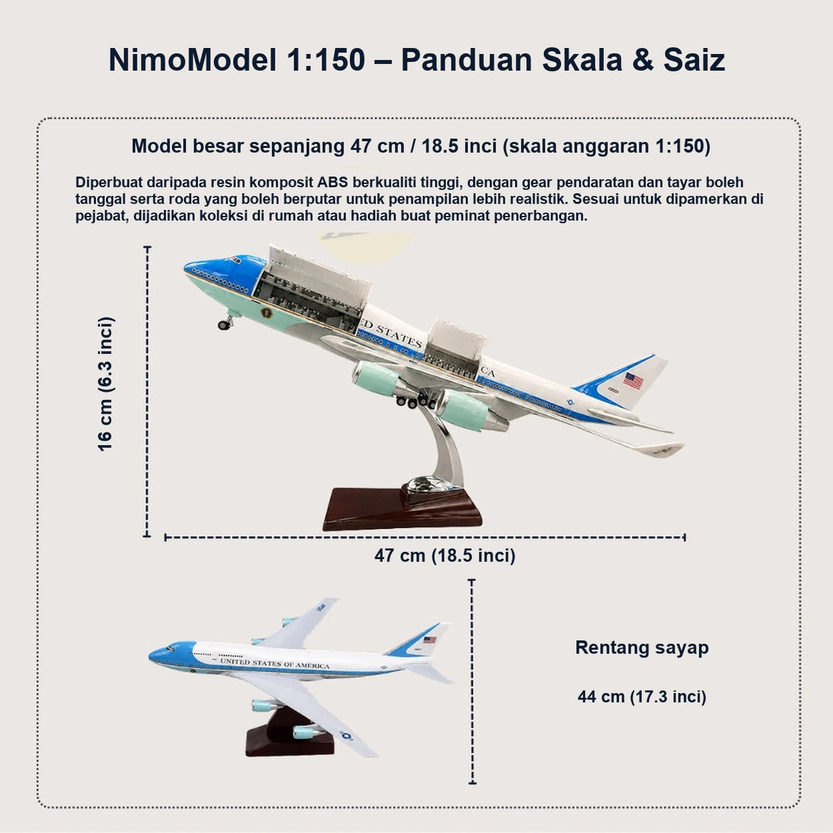 Model US Air Force One Boeing 747 Skala 1:150