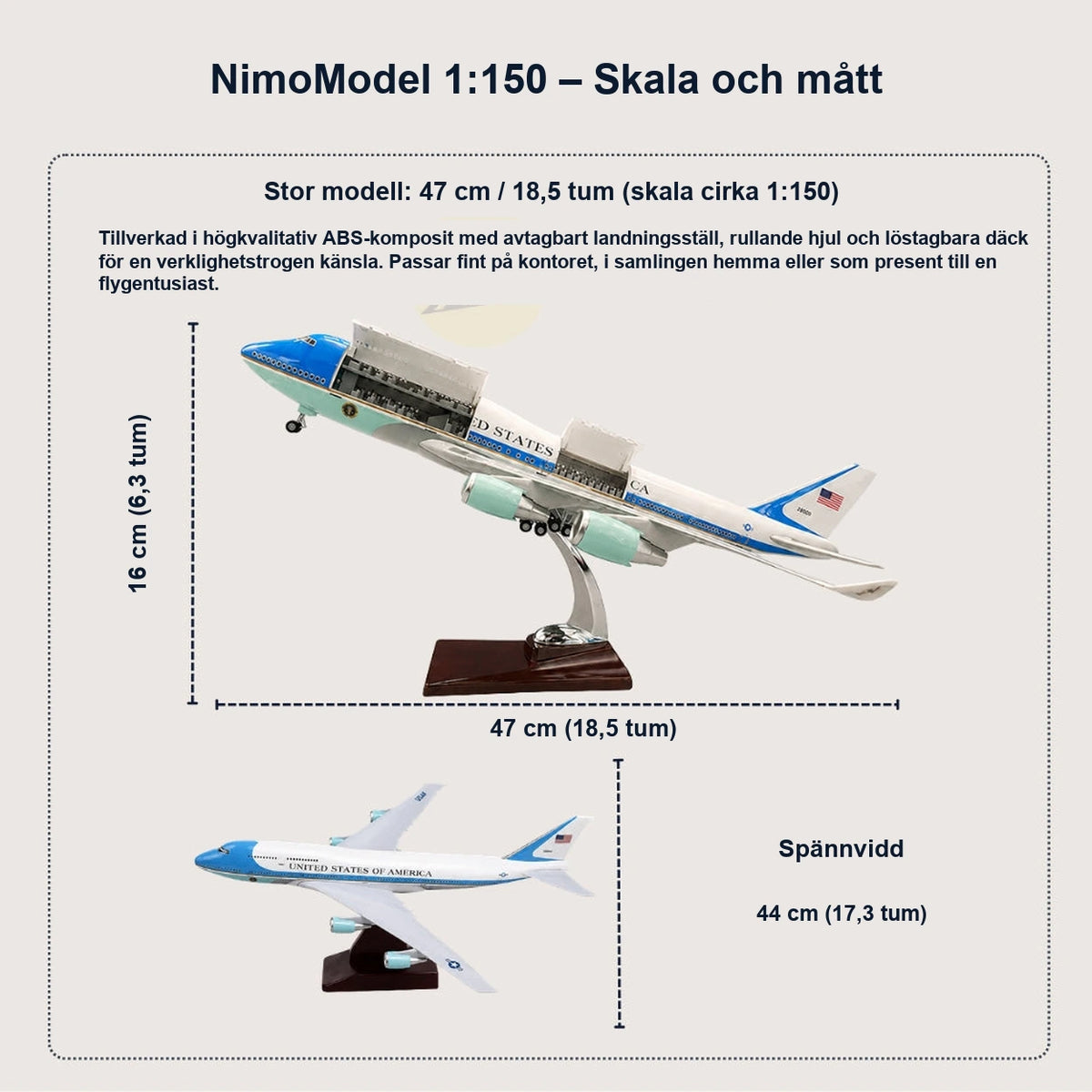 US Air Force One Boeing 747-modell i skala 1:150
