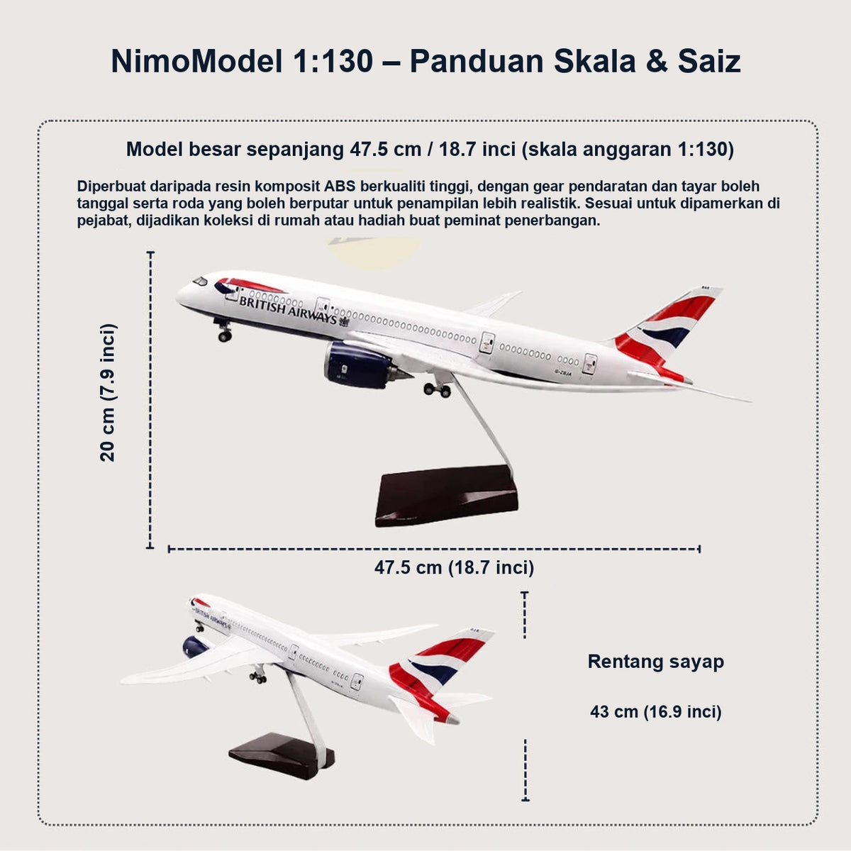 Model British Airways Boeing 787-9 Skala 1:130