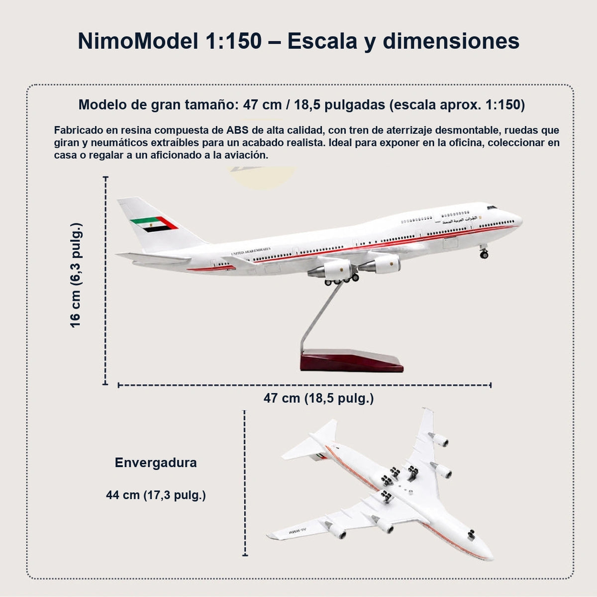 Maqueta del Boeing 747 de la flota presidencial de Emiratos Árabes Unidos a escala 1:150