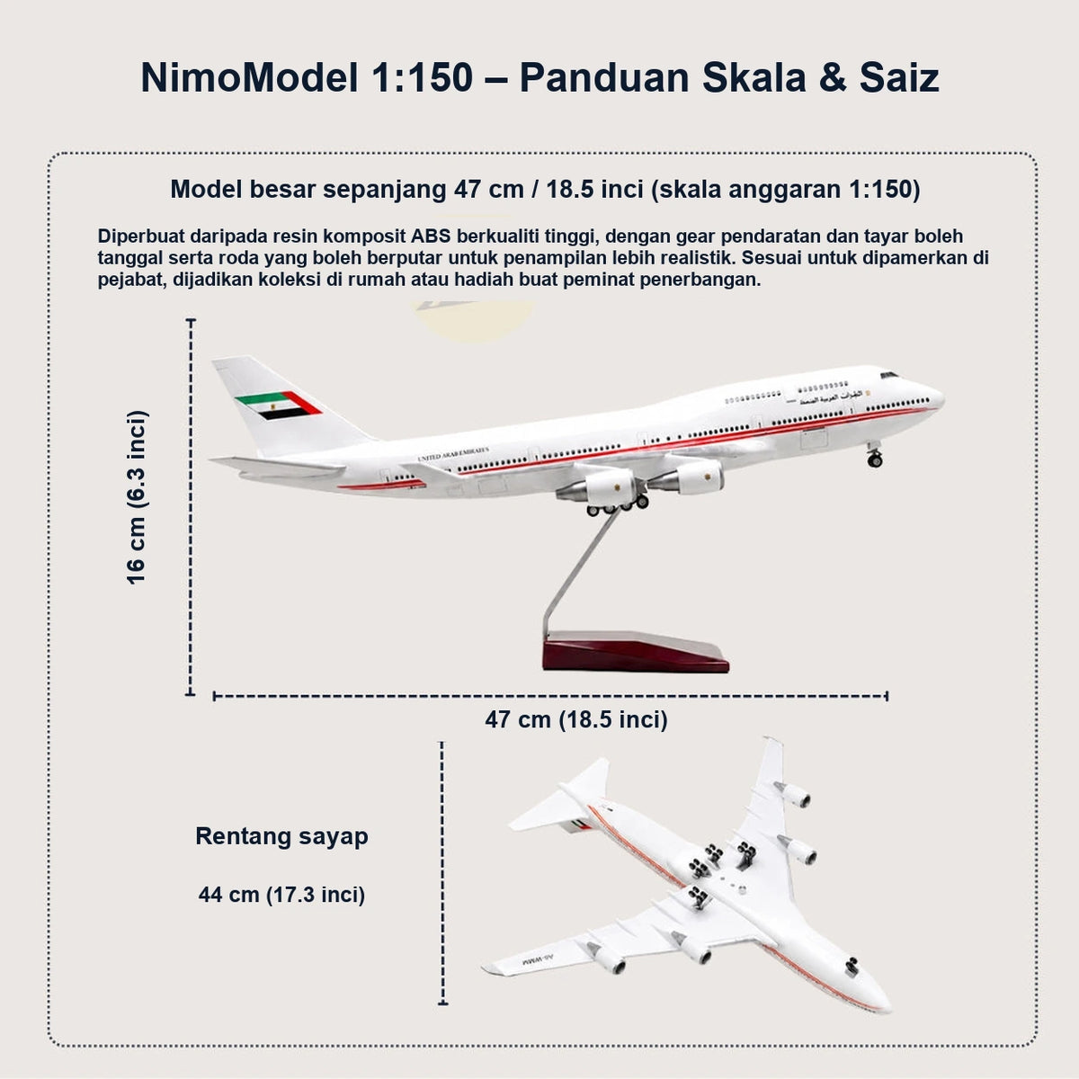 Model Boeing 747 Penerbangan Presiden UAE Skala 1:150