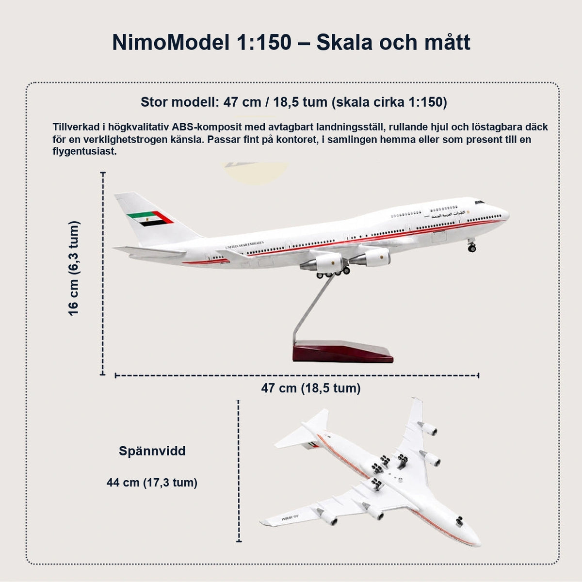 Modell av Boeing 747 från Förenade Arabemiratens presidentflotta i skala 1:150