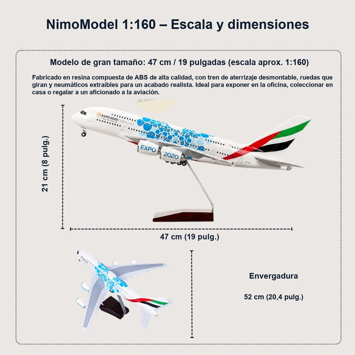 Maqueta del Emirates Airbus A380 Expo 2020 Edition a escala 1:160