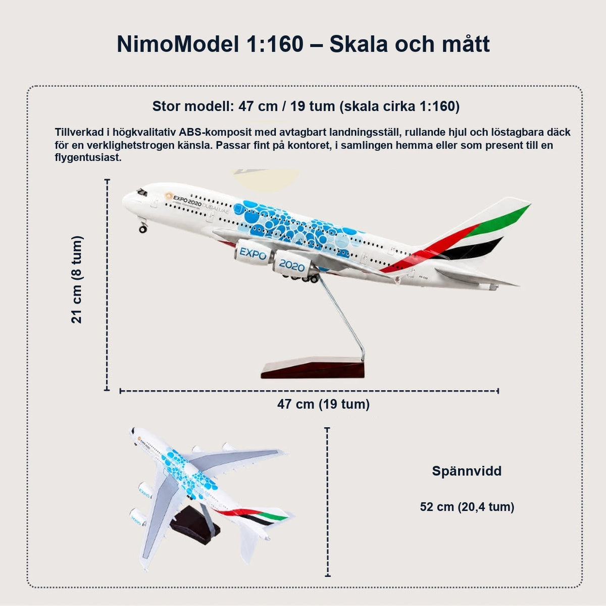 Modell av Emirates Airbus A380 Expo 2020 Edition i skala 1:160