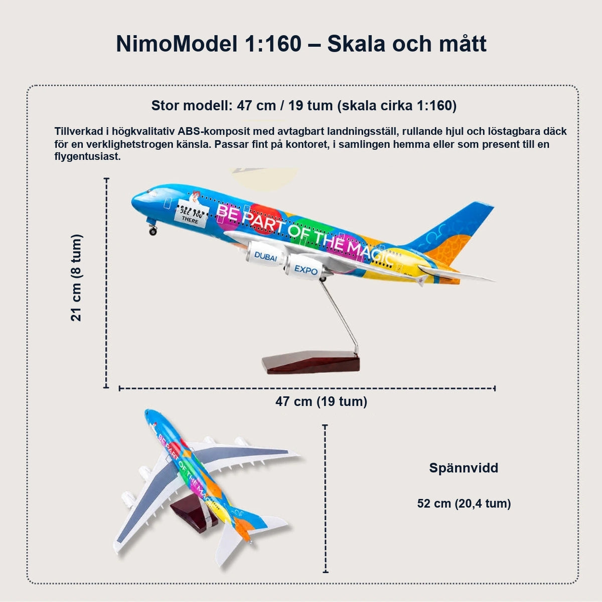 Modell av Emirates Airbus A380 “Be Part of the Magic” i skala 1:160