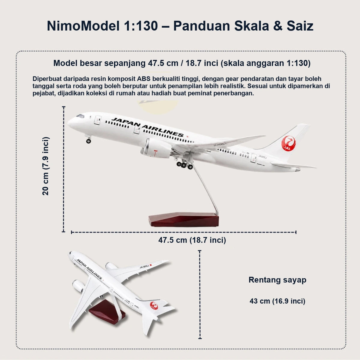 Model JAL Boeing 787 Skala 1:130