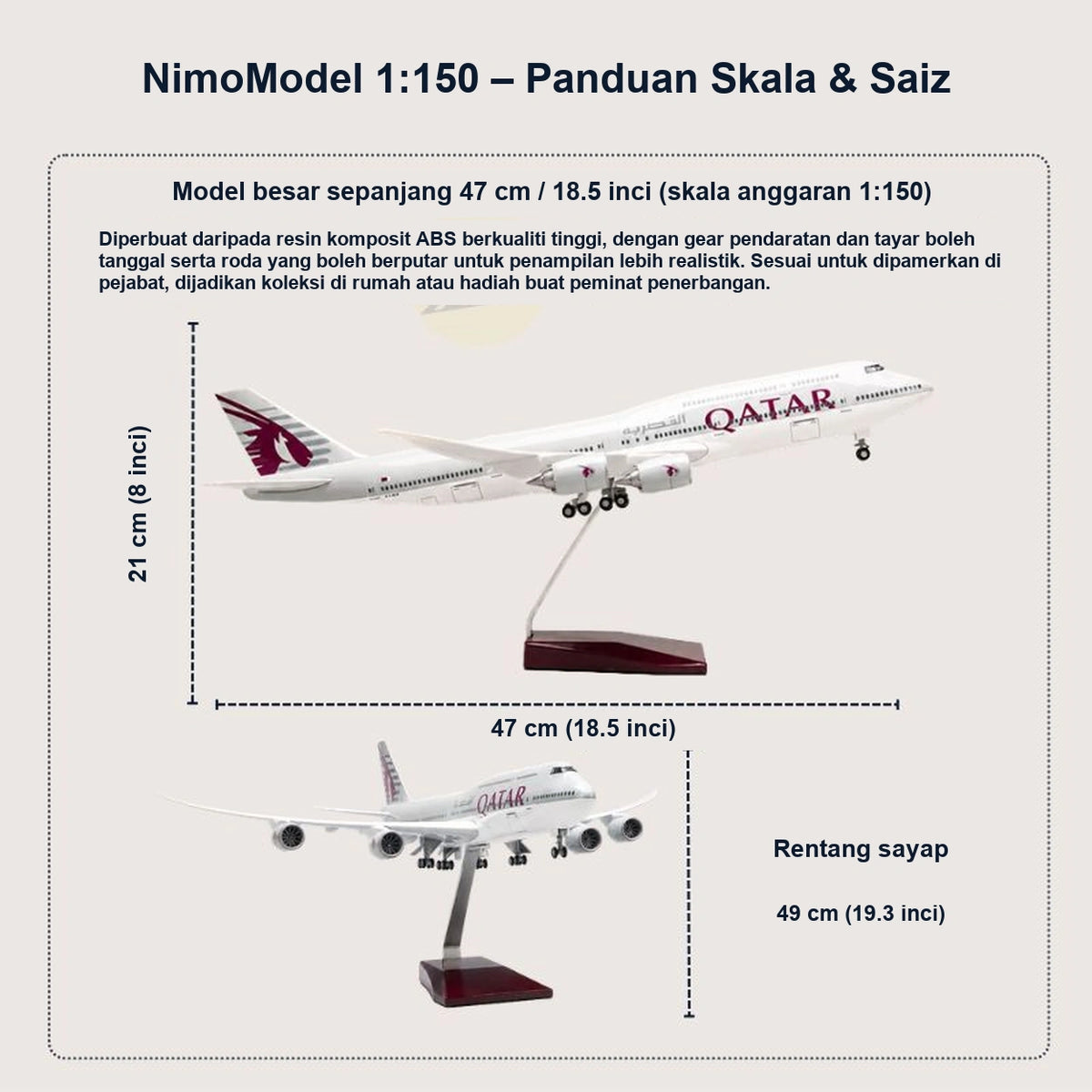 Model Qatar Airways Boeing 747-8 Skala 1:150