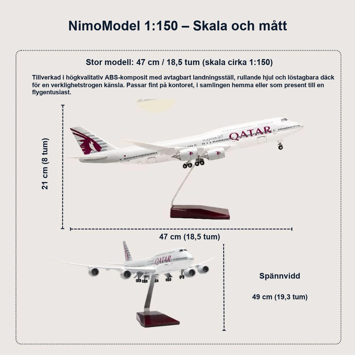Modell av Qatar Airways Boeing 747-8 i skala 1:150