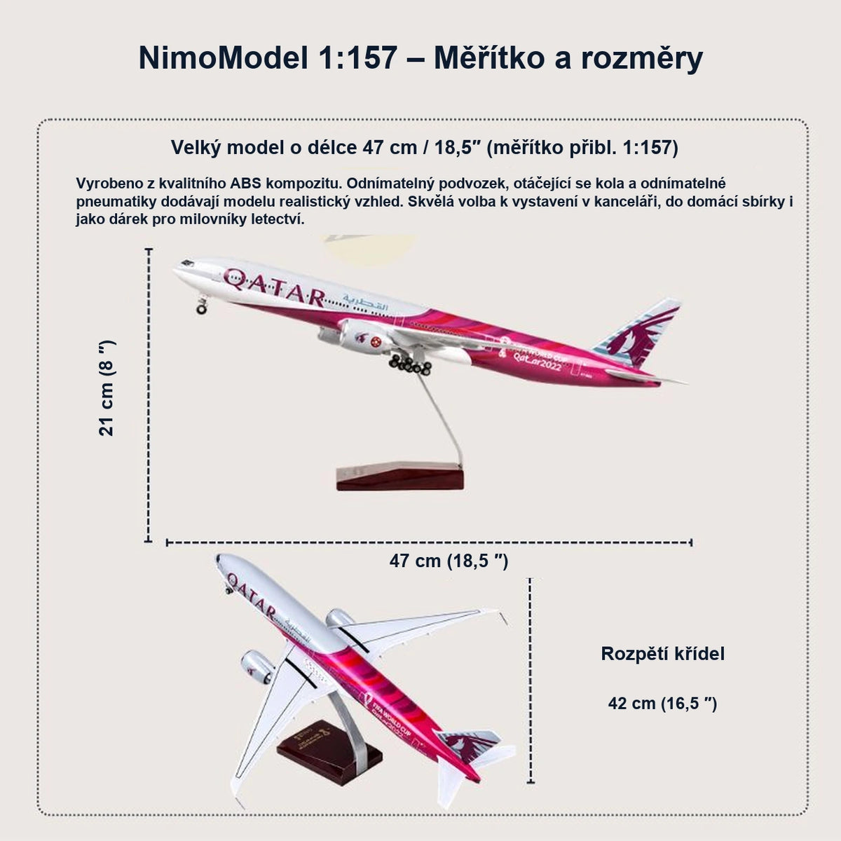 Model Qatar Airways Boeing 777-300ER – edice Mistrovství světa ve fotbale FIFA Katar 2022 v měřítku 1:157