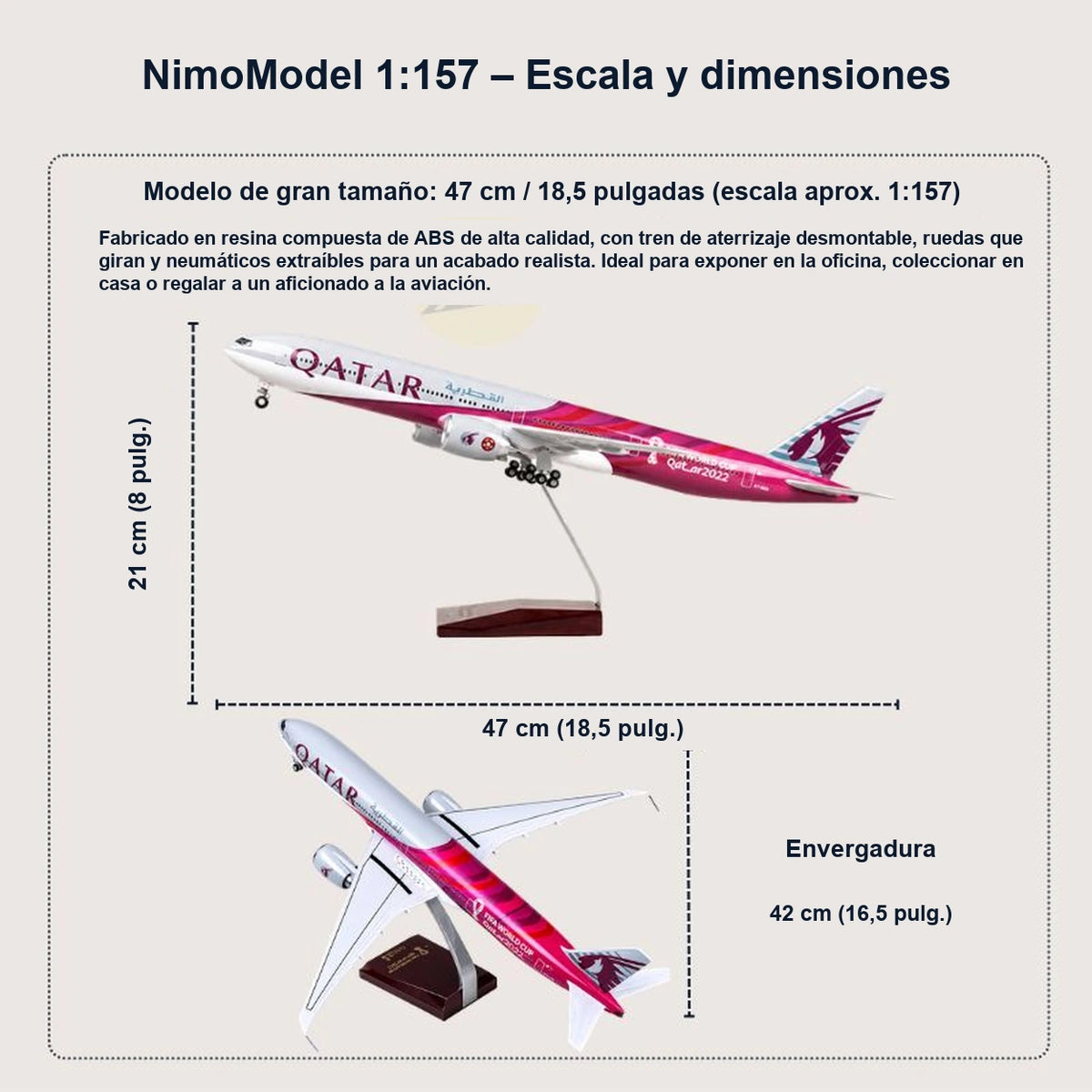 Maqueta Boeing 777-300ER de Qatar Airways – edición Copa Mundial de la FIFA Catar 2022 a escala 1:157