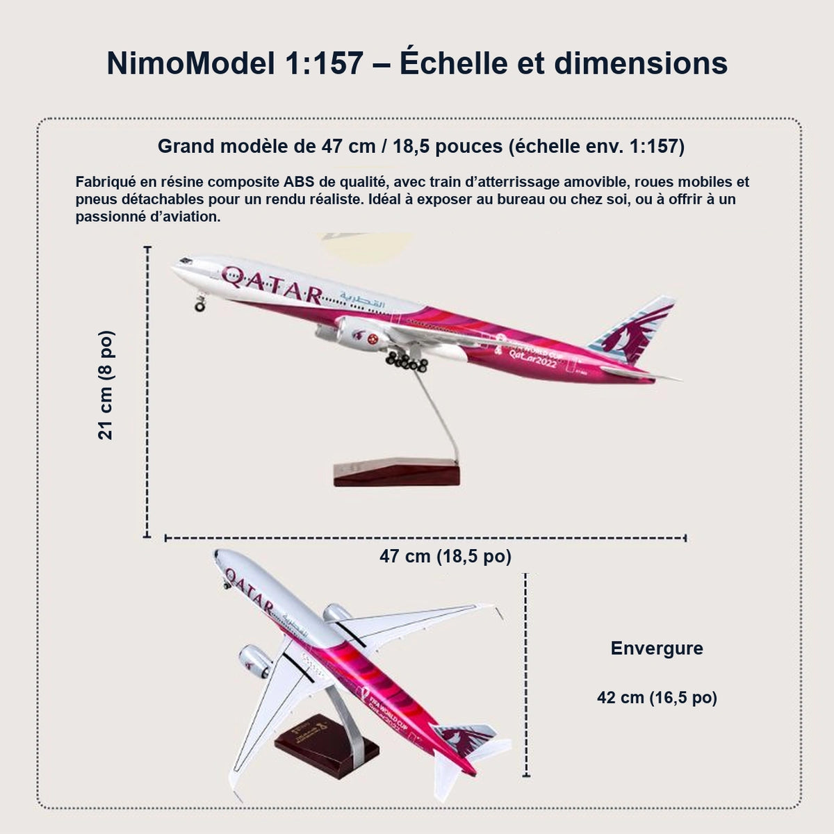 Maquette Boeing 777-300ER de Qatar Airways – édition Coupe du Monde de la FIFA, Qatar 2022 à l’échelle 1:157