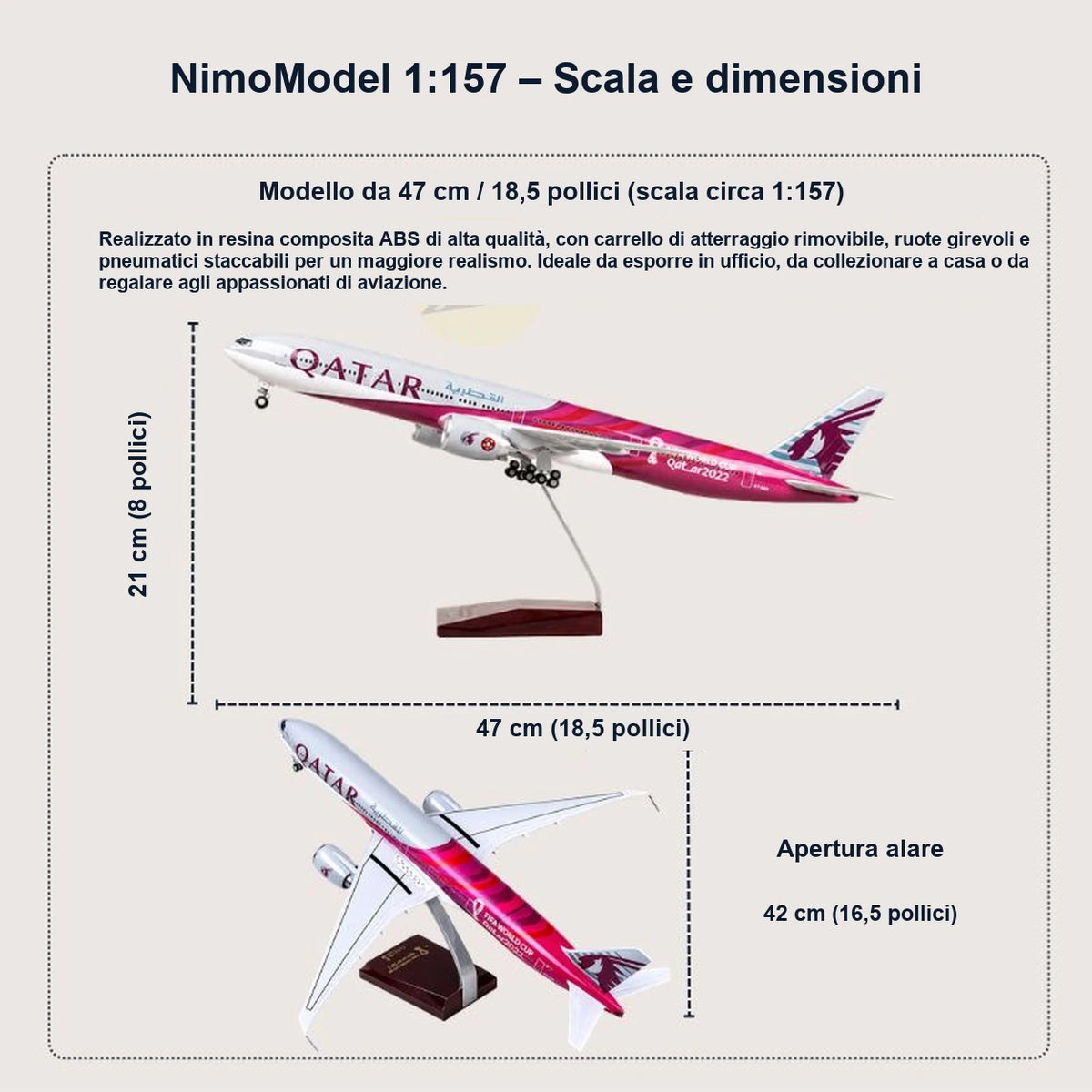Modellino Boeing 777-300ER Qatar Airways – edizione Coppa del Mondo FIFA Qatar 2022 in scala 1:157