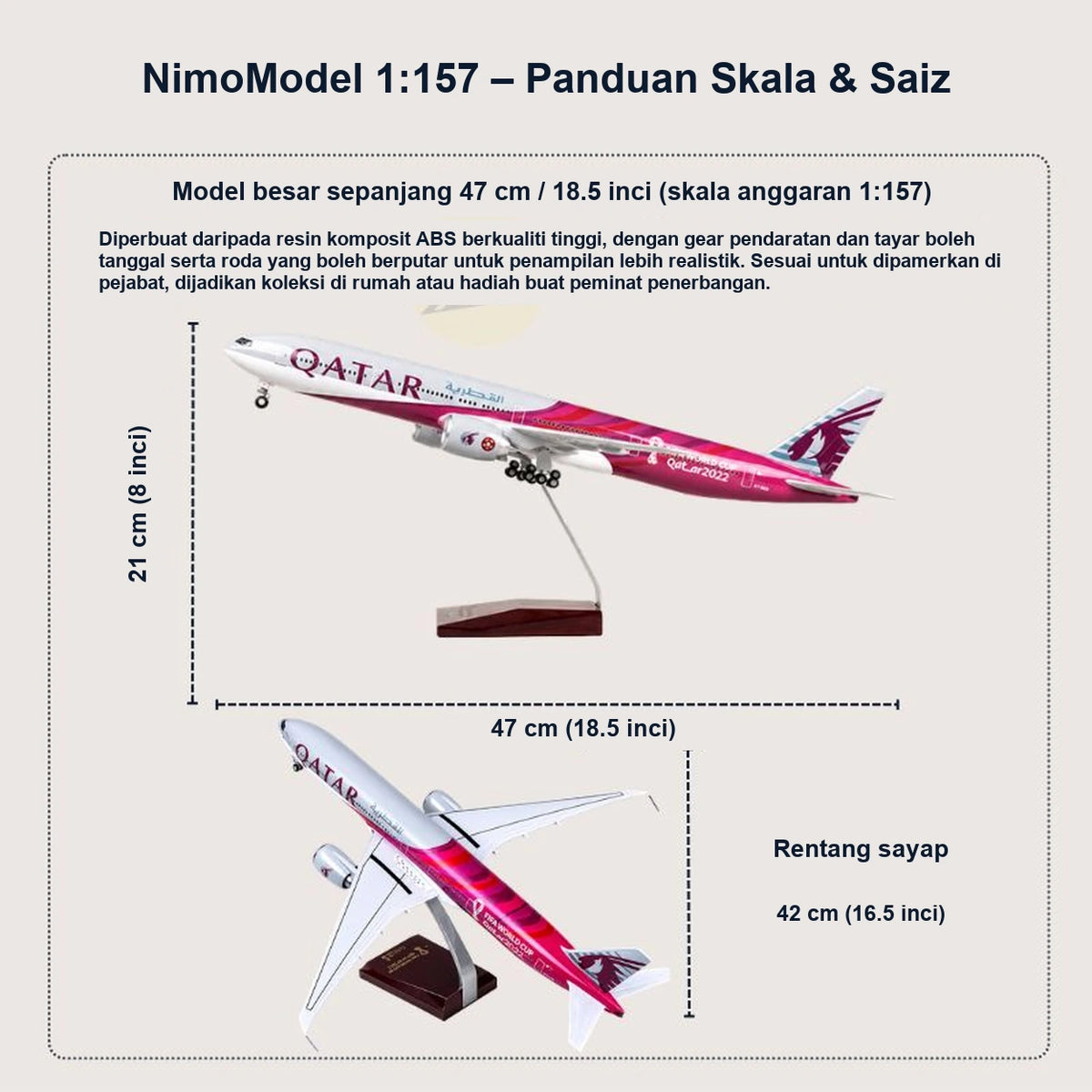 Model Qatar Airways Boeing 777-300ER – Edisi Piala Dunia FIFA Qatar 2022 Skala 1:157