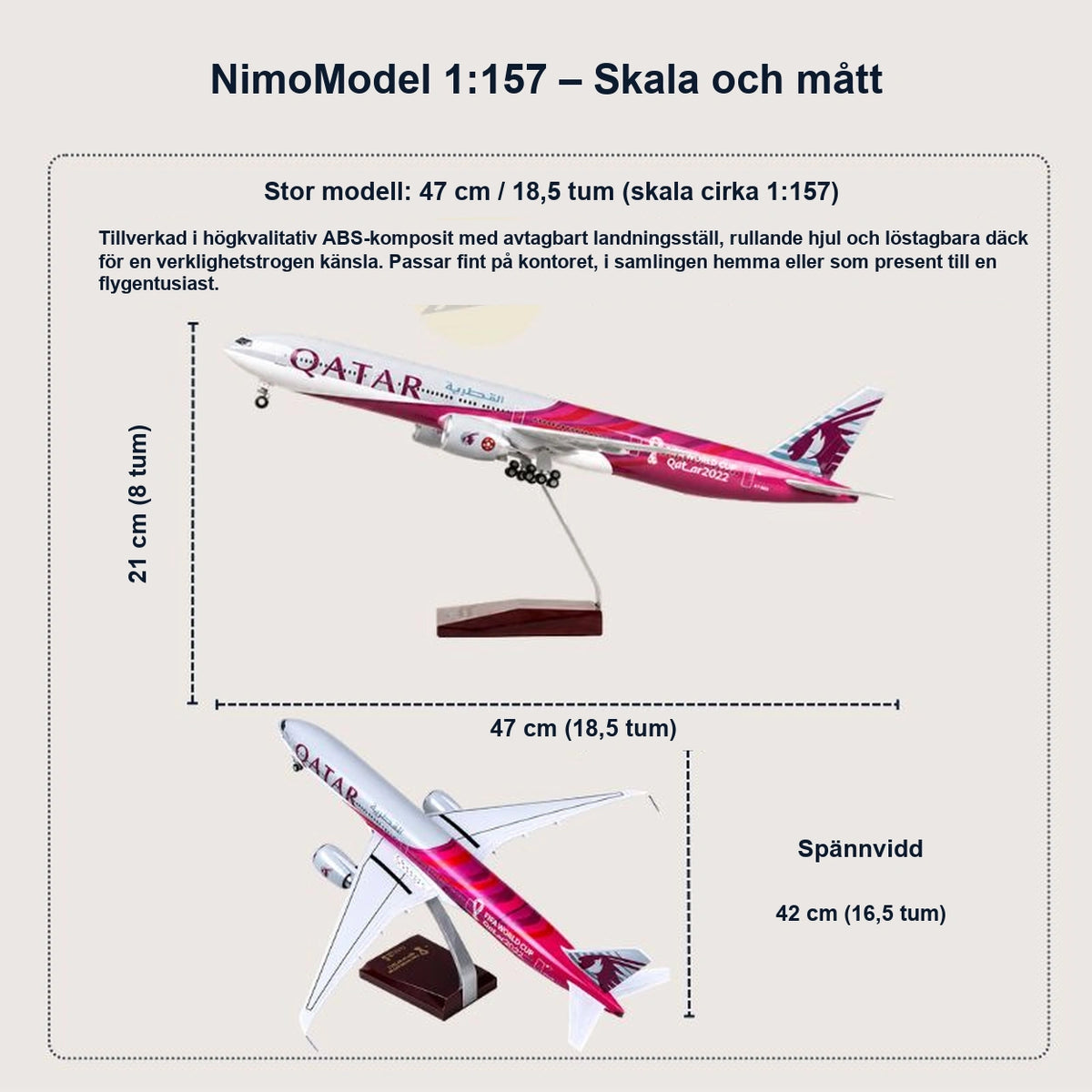 Modell av Qatar Airways Boeing 777-300ER – FIFA-VM Qatar 2022-utgåva i skala 1:157