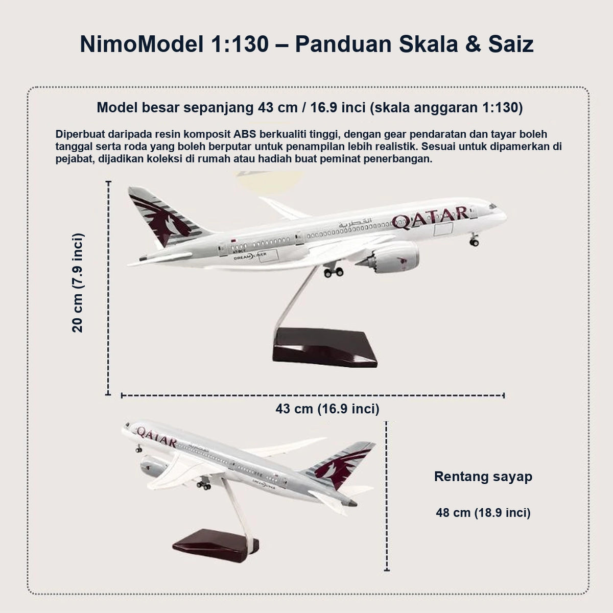 Model Qatar Airways Boeing 787 Dreamliner Skala 1:130