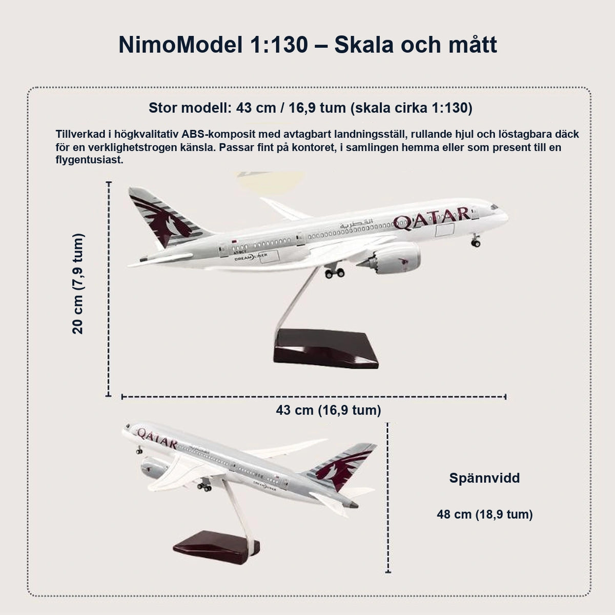 Modell av Qatar Airways Boeing 787 Dreamliner i skala 1:130