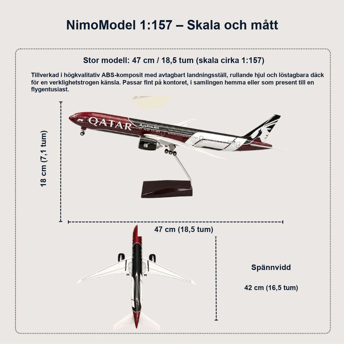 Modell av Qatar Airways Boeing 777 – Formula 1-utgåva i skala 1:157