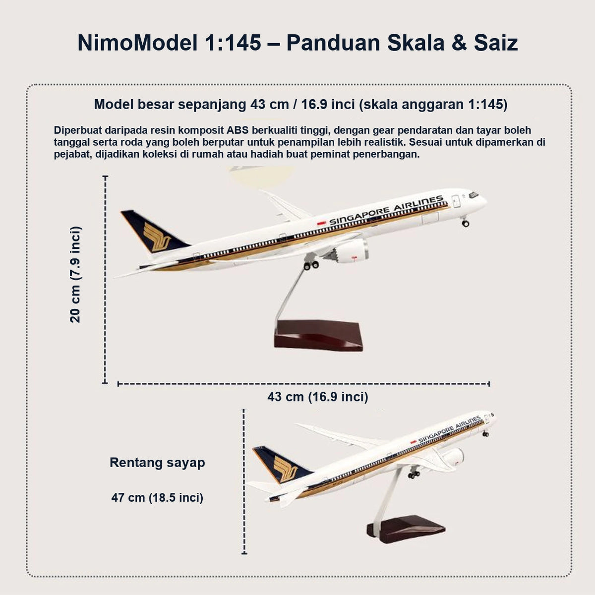 Model Singapore Airlines Boeing 787-10 Dreamliner Skala 1:145