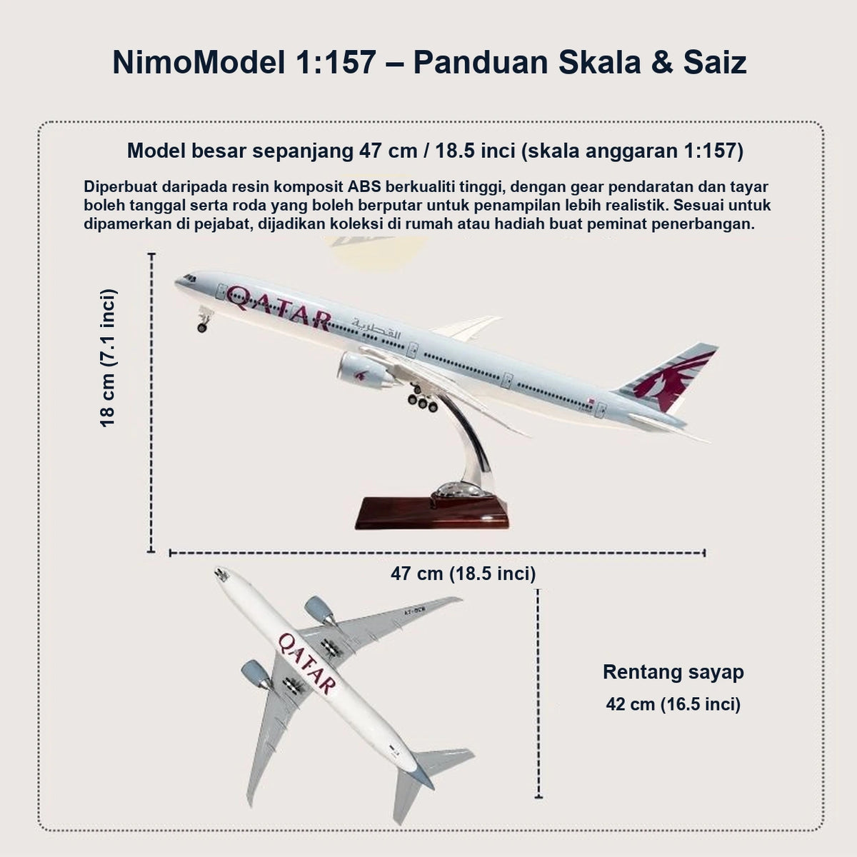 Model Qatar Airways Boeing 777-300ER berskala 1:157