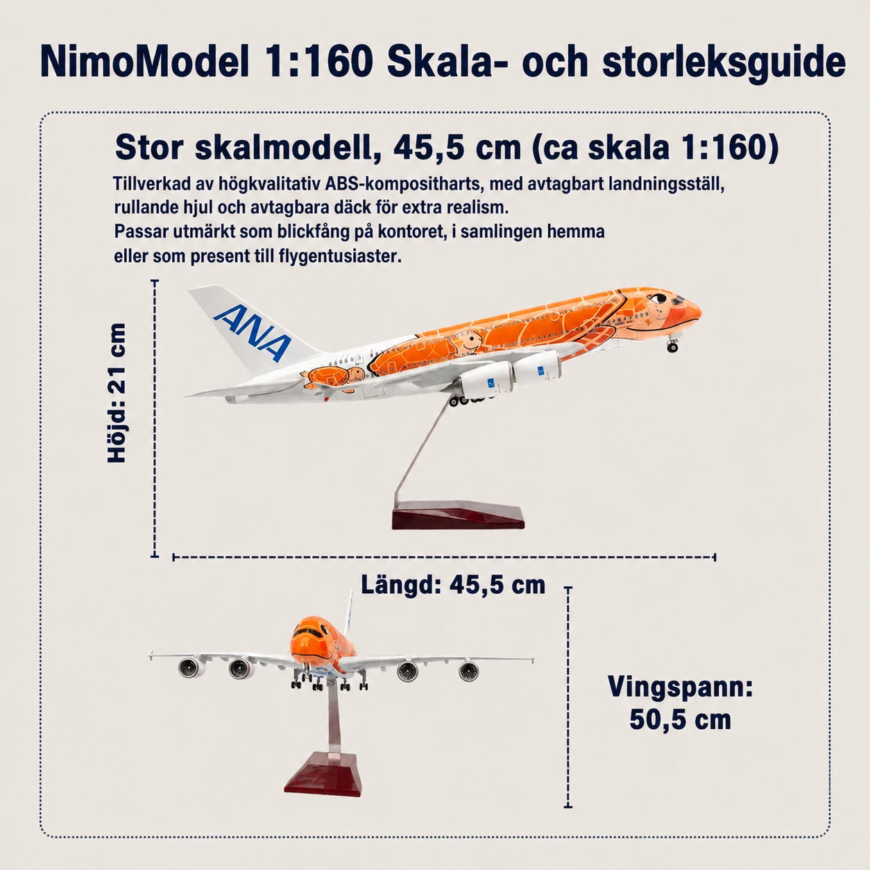 Modell av ANA Airbus A380 ”Flying Honu” Ka La i skala 1:160