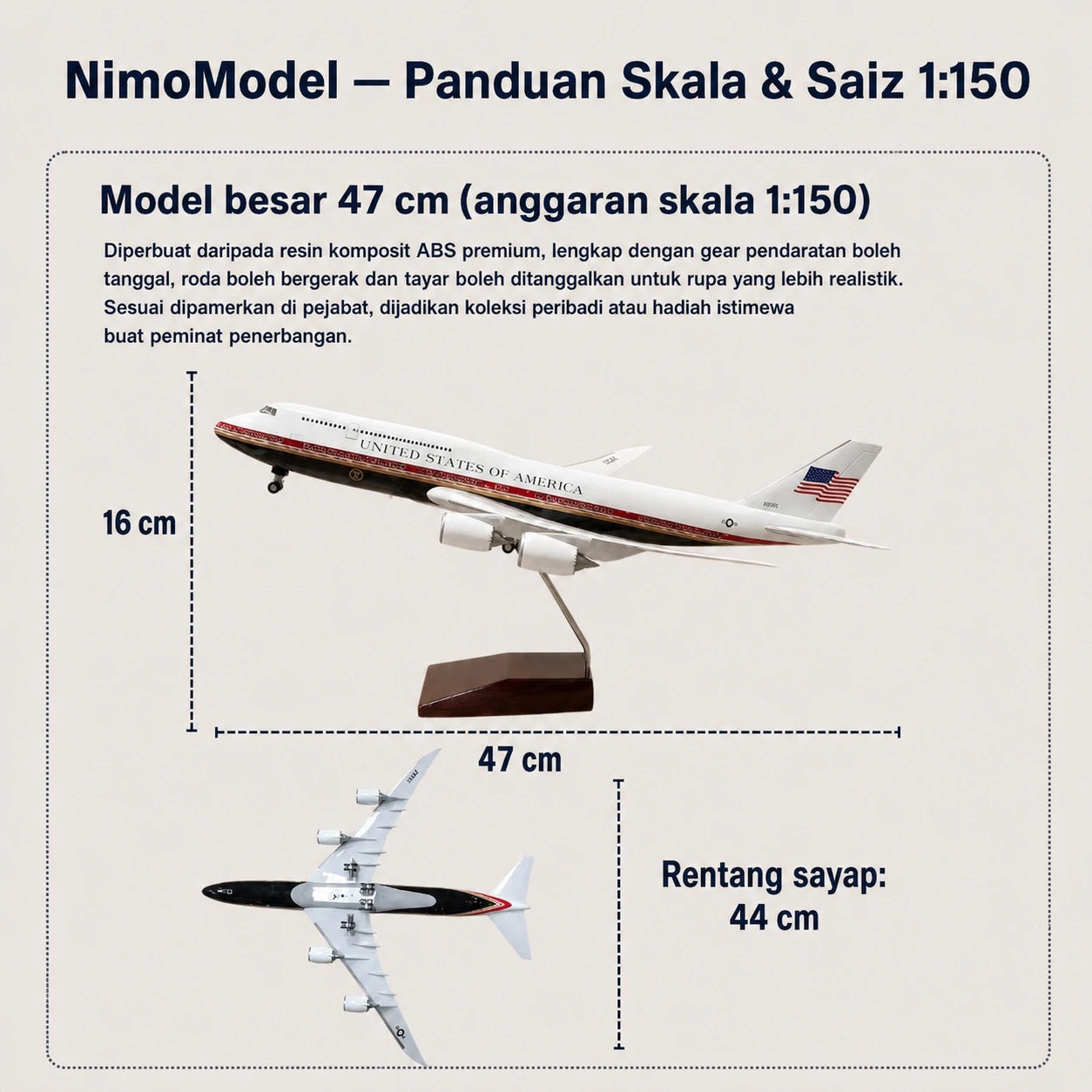 Model Skala 1:150 Pesawat Presiden USAF Boeing 747
