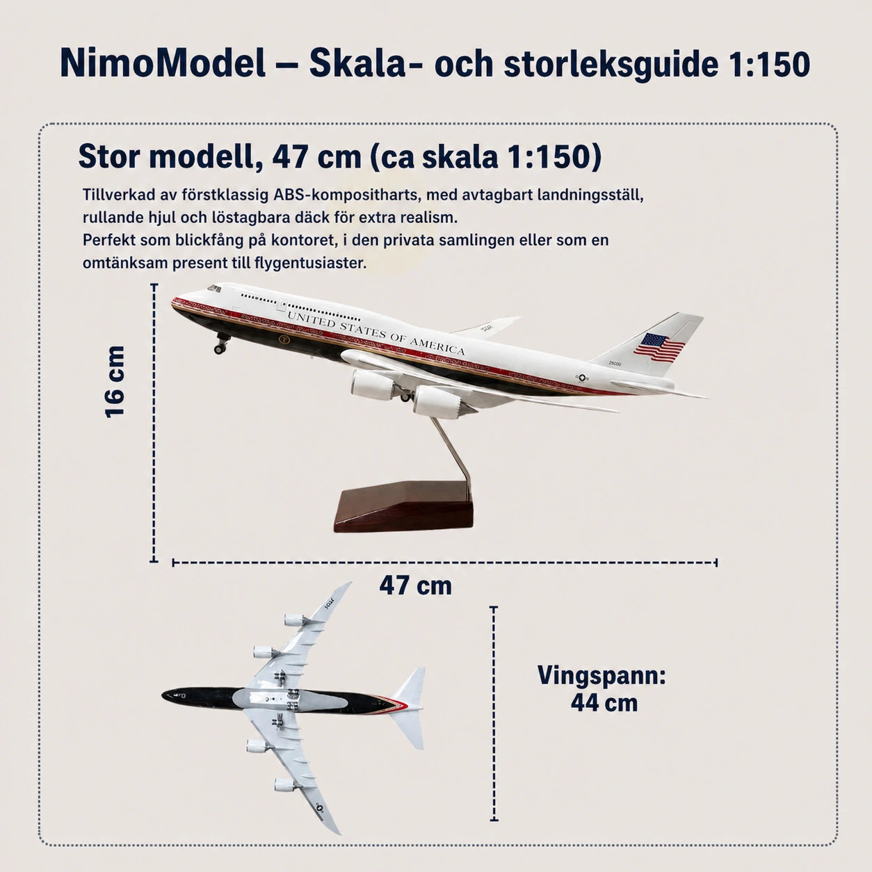 USAF Boeing 747 presidentflygplan skalenlig modell 1:150