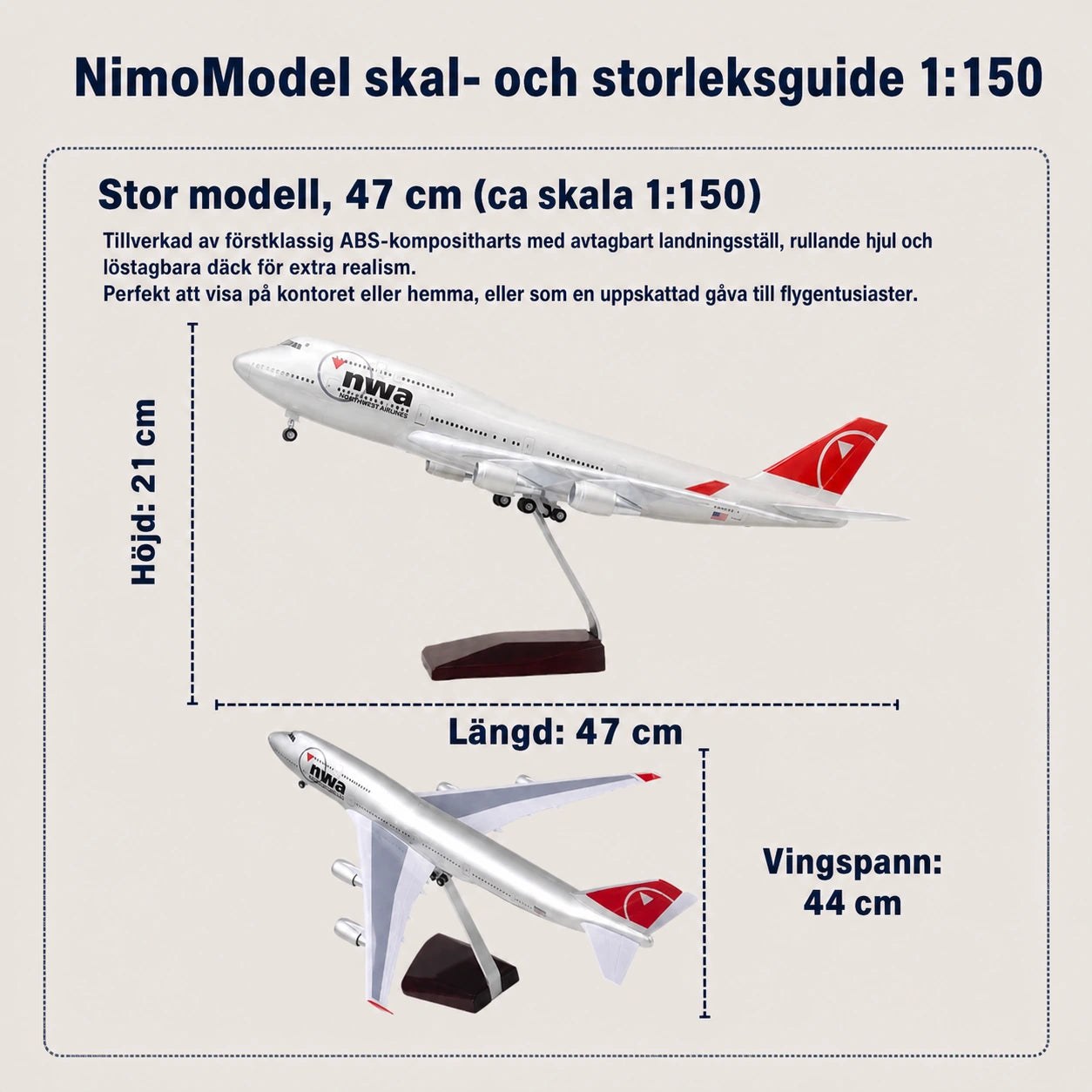 Modell av Northwest Airlines Boeing 747 i skala 1:150