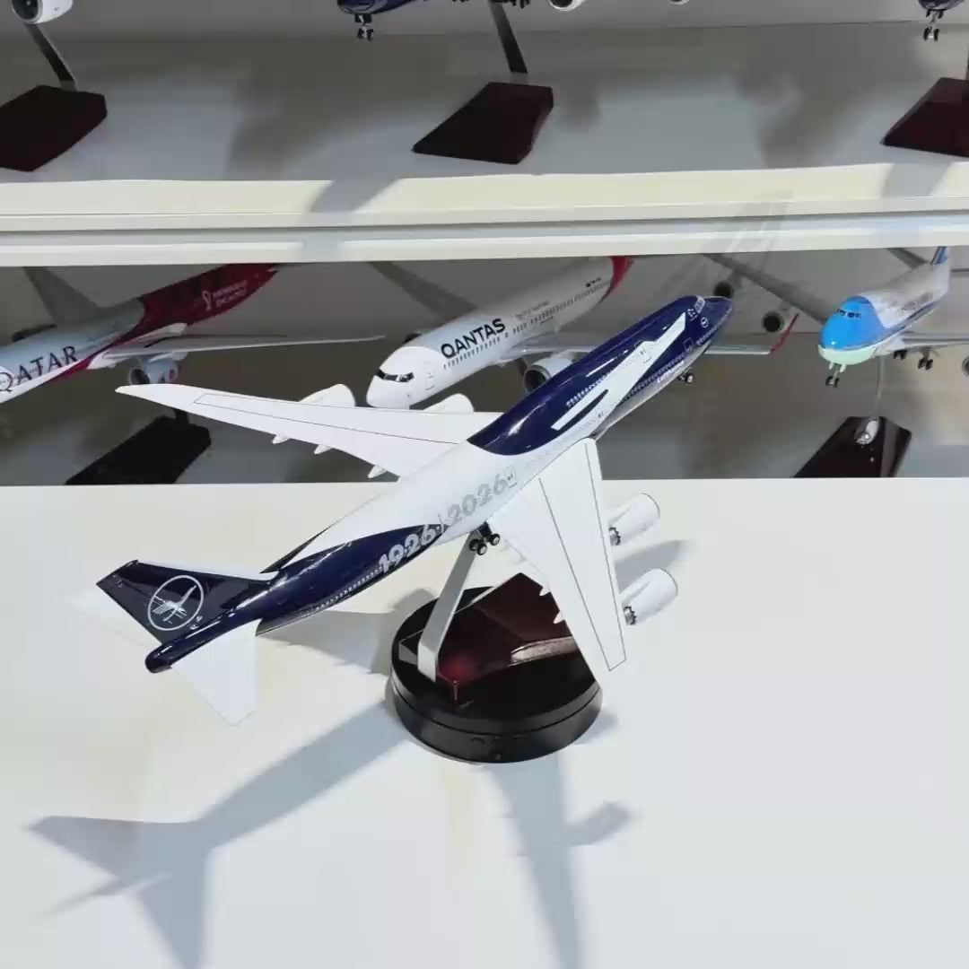 Load video: Lufthansa Boeing 747-8 100 Years Edition 1:150 Scale Model
