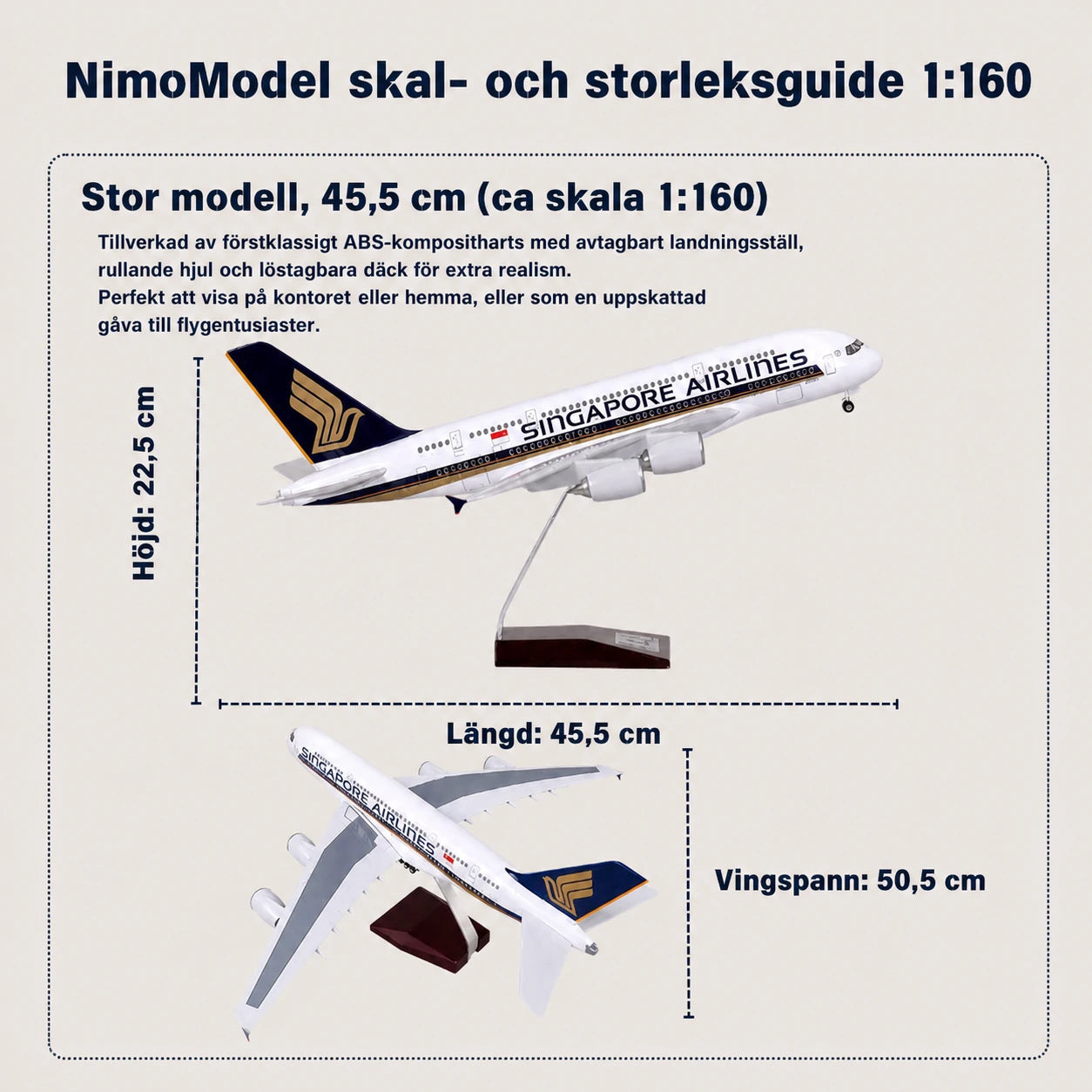 Modell av Singapore Airlines Airbus A380 i skala 1:160