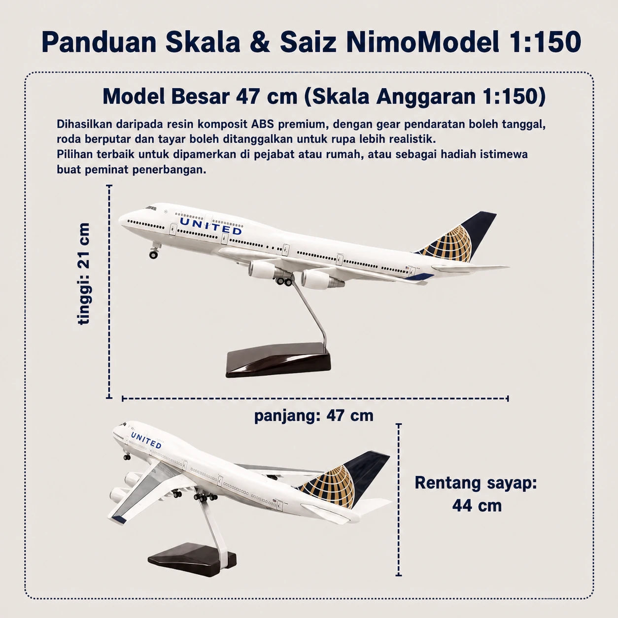 Model United Airlines Boeing 747 Skala 1:150