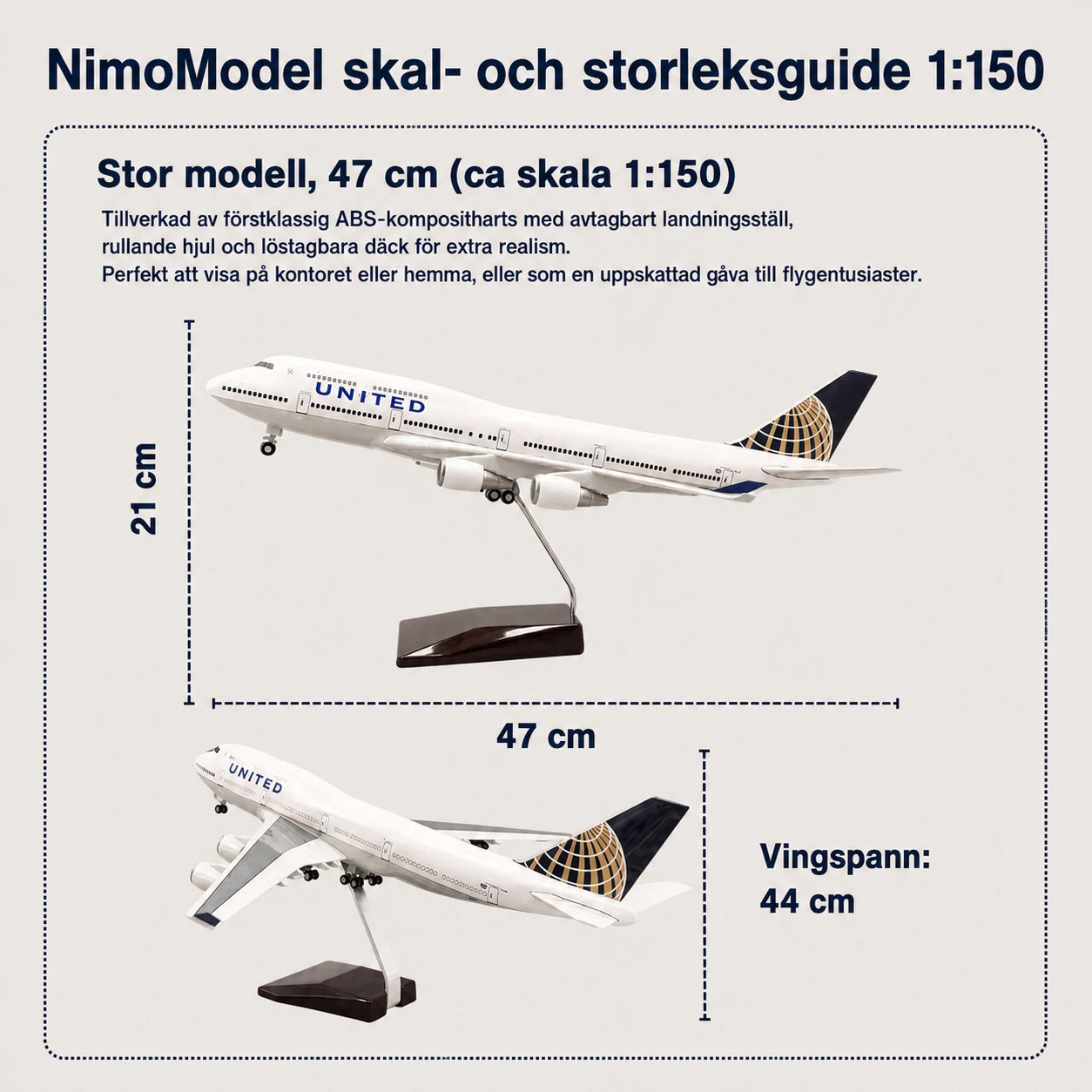 Modell av United Airlines Boeing 747 i skala 1:150