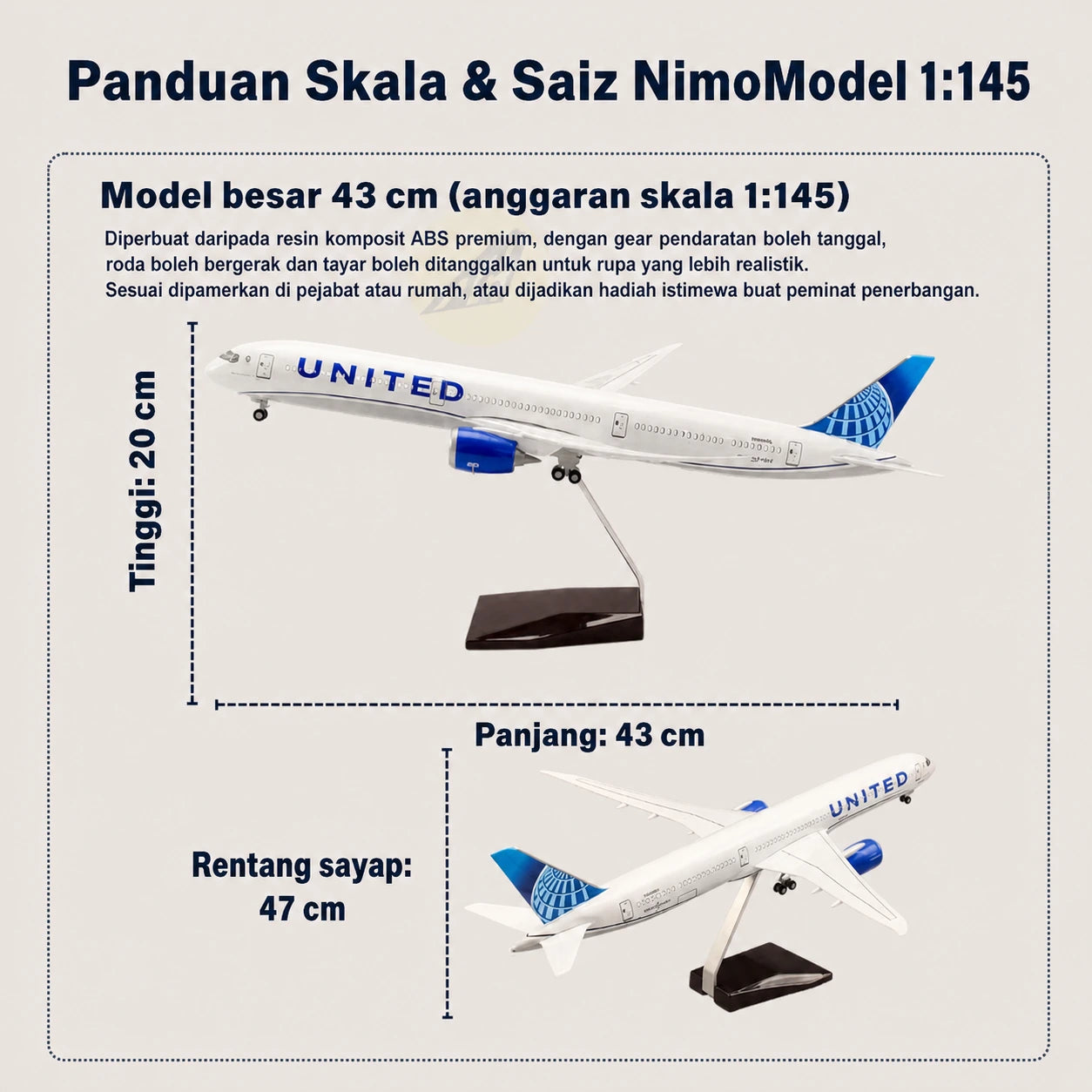 Model United Airlines Boeing 787-10 Dreamliner Skala 1:145
