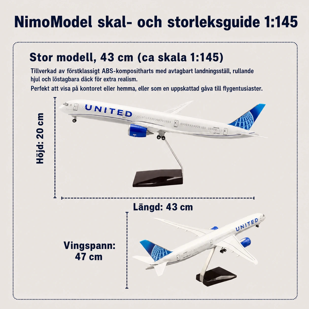 Modell av United Airlines Boeing 787-10 Dreamliner i skala 1:145