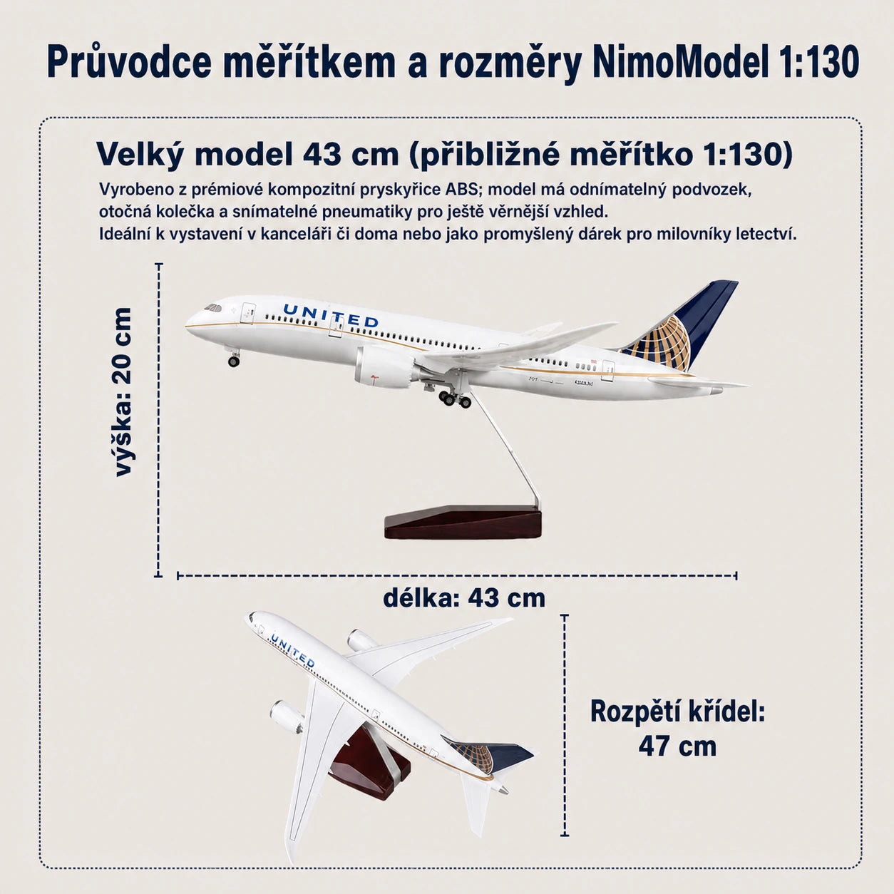 Model United Airlines Boeing 787 Dreamliner – klasické zbarvení v měřítku 1:130