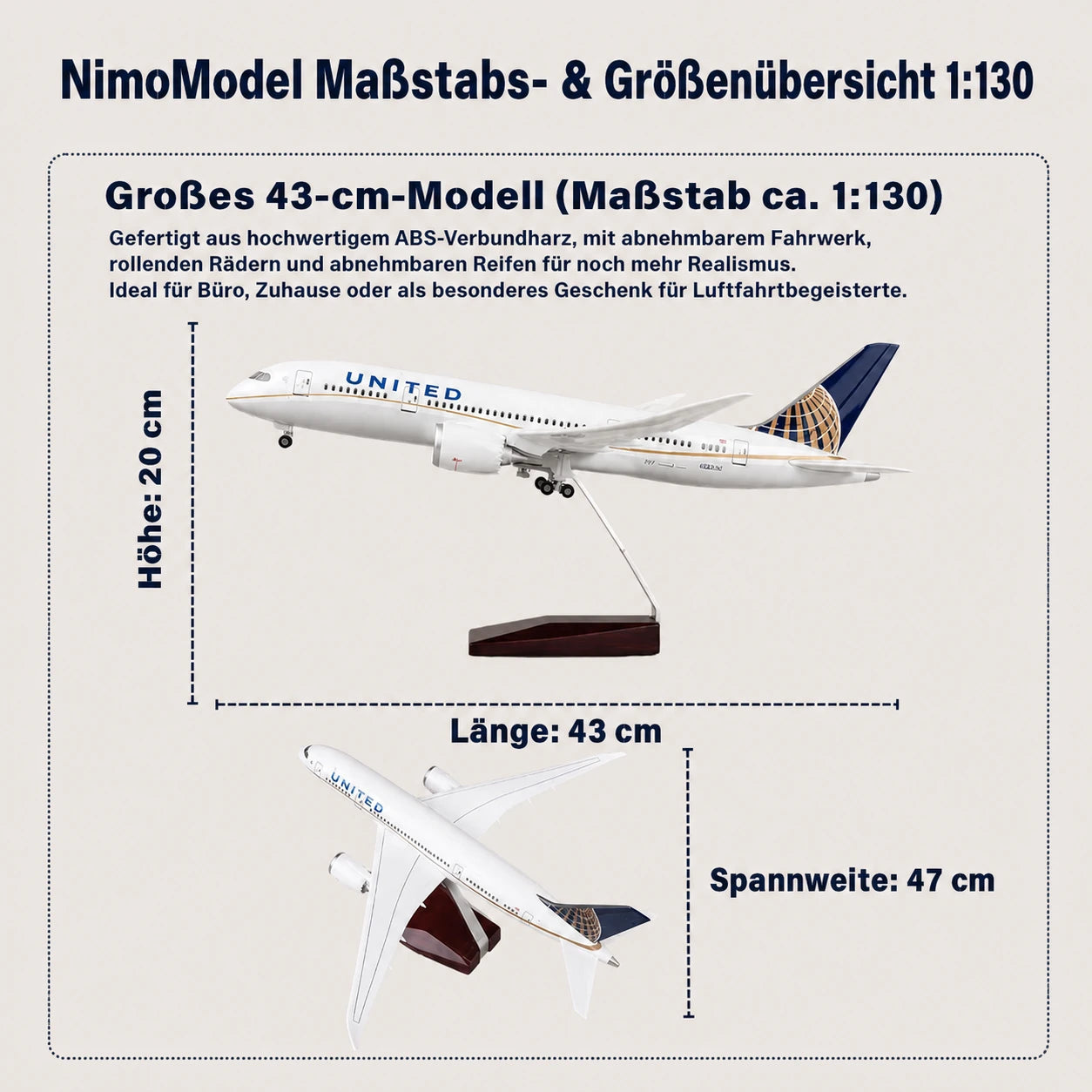 United Airlines Boeing 787 Dreamliner – klassische Lackierung – Modell im Maßstab 1:130
