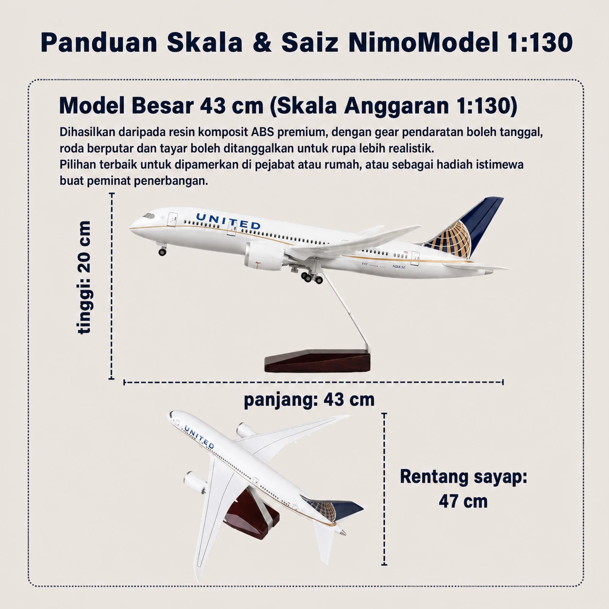 Model United Airlines Boeing 787 Dreamliner – Livery Klasik Skala 1:130