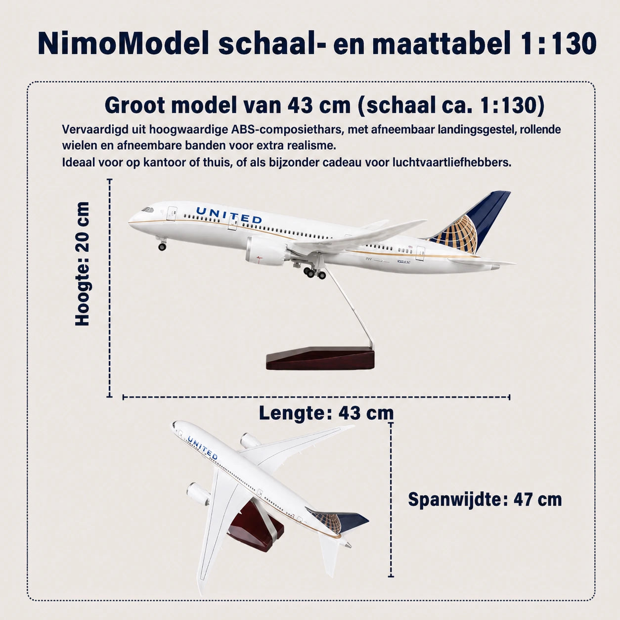 Schaalmodel United Airlines Boeing 787 Dreamliner – klassieke kleurstelling 1:130