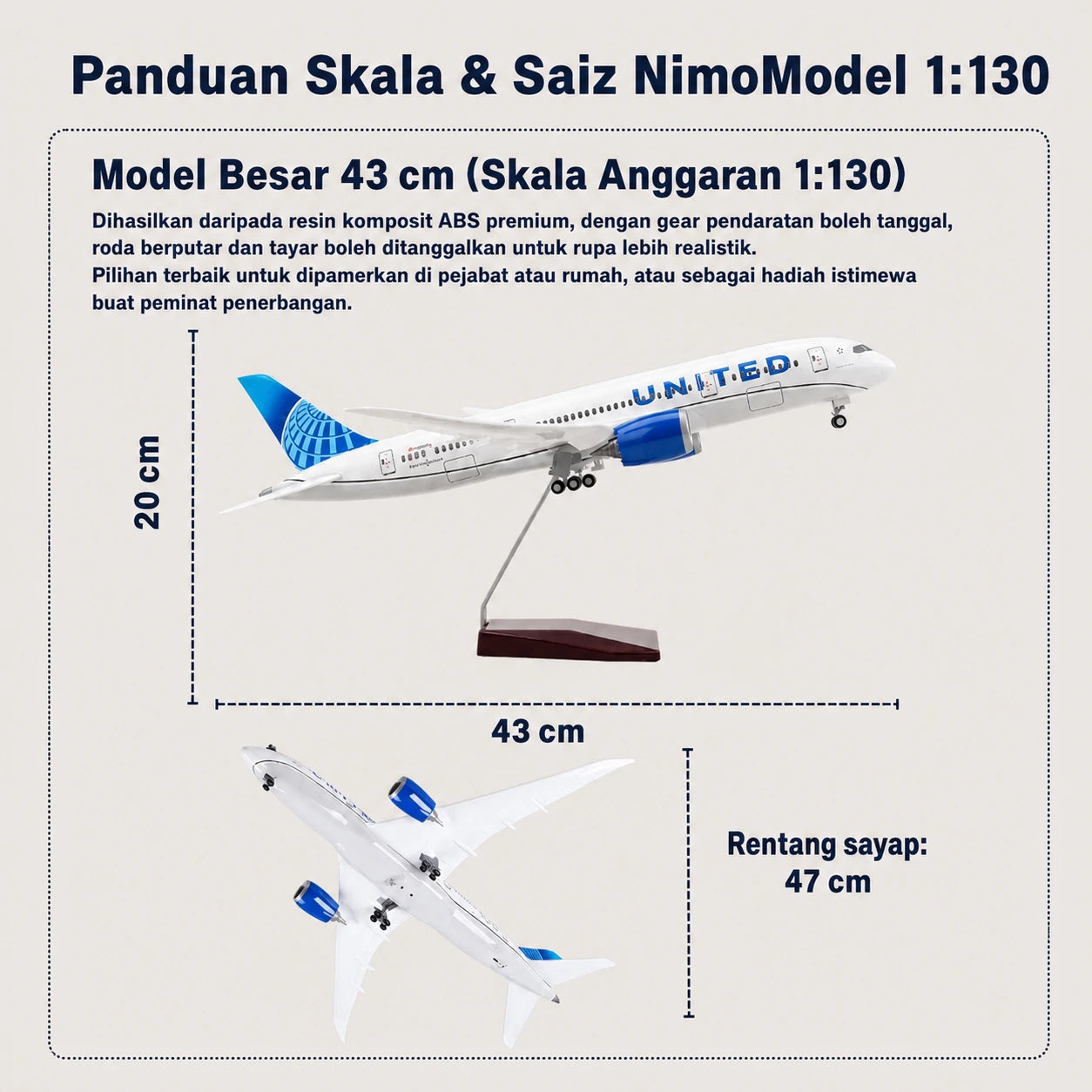 Model United Airlines Boeing 787 Dreamliner Skala 1:130