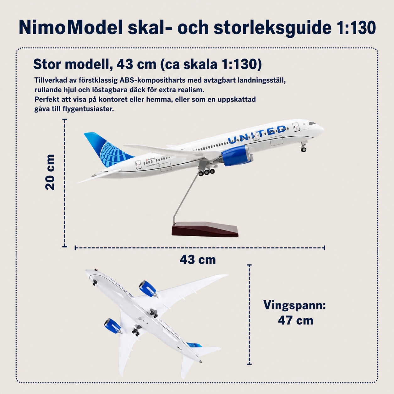 Modell av United Airlines Boeing 787 Dreamliner i skala 1:130